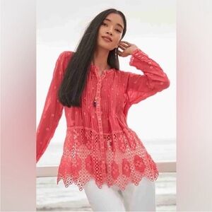 Johnny Was Baez Phaedra Coral Embroidered Women's Lightweight Blouse Size XS